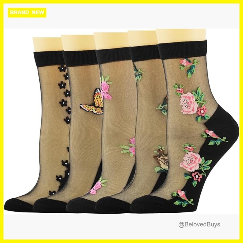 5 Pairs Sheer Mesh Ankle Socks Nylon Floral Pattern Size 5-8